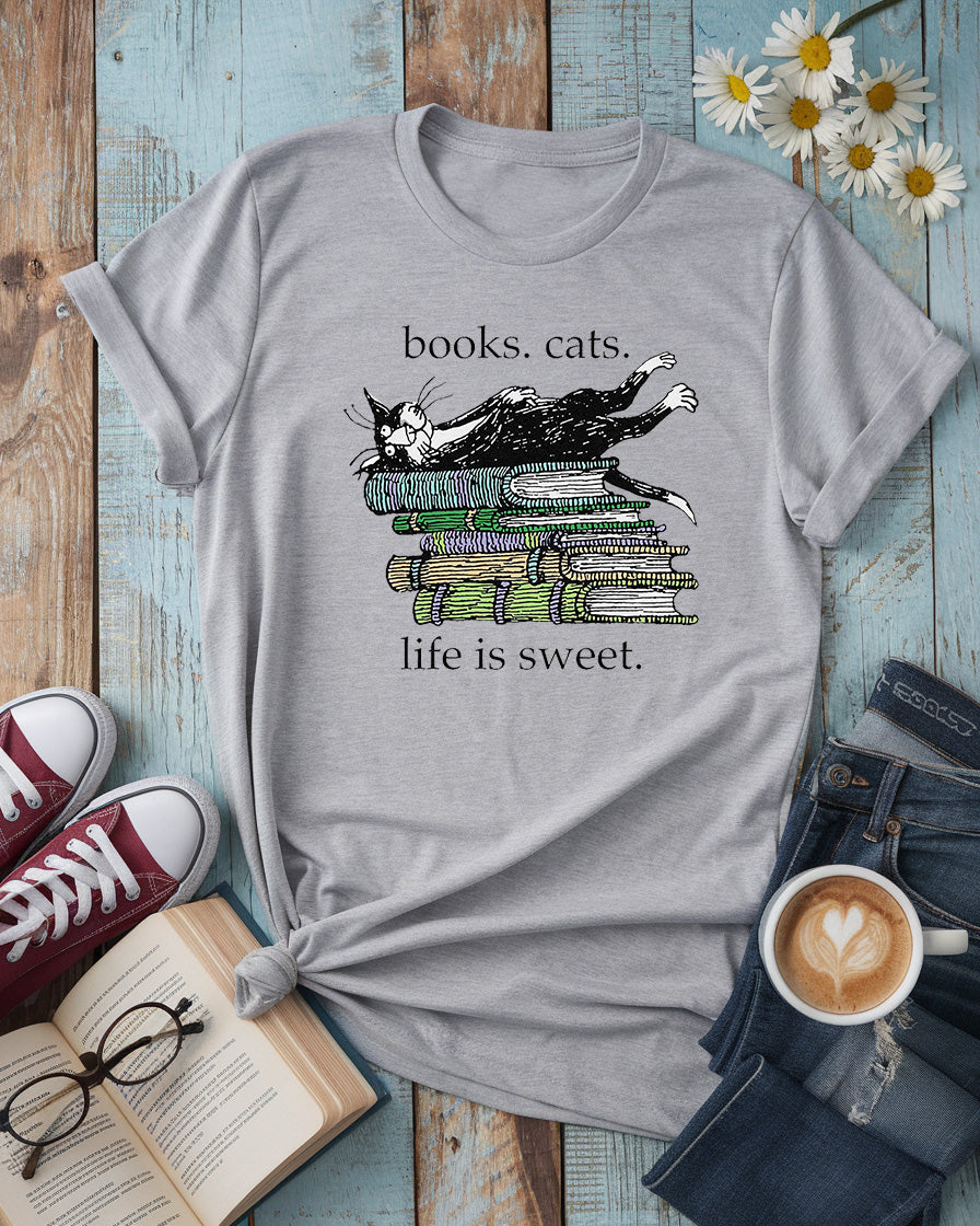 Books Cats Life Is Sweet Tee