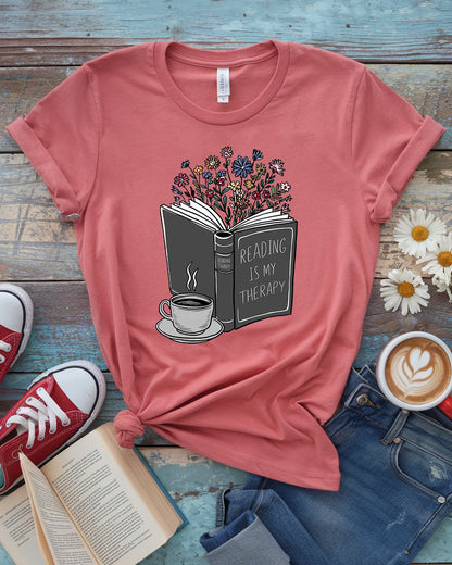 Reading Is My Therapy Shirt, Floral Book Lover Tee
