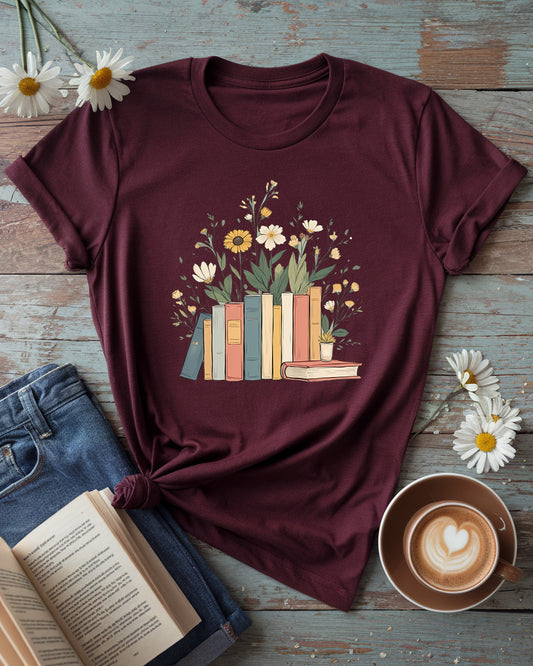 Floral Book Stack Shirt, Vintage Cozy Book Lover Tee