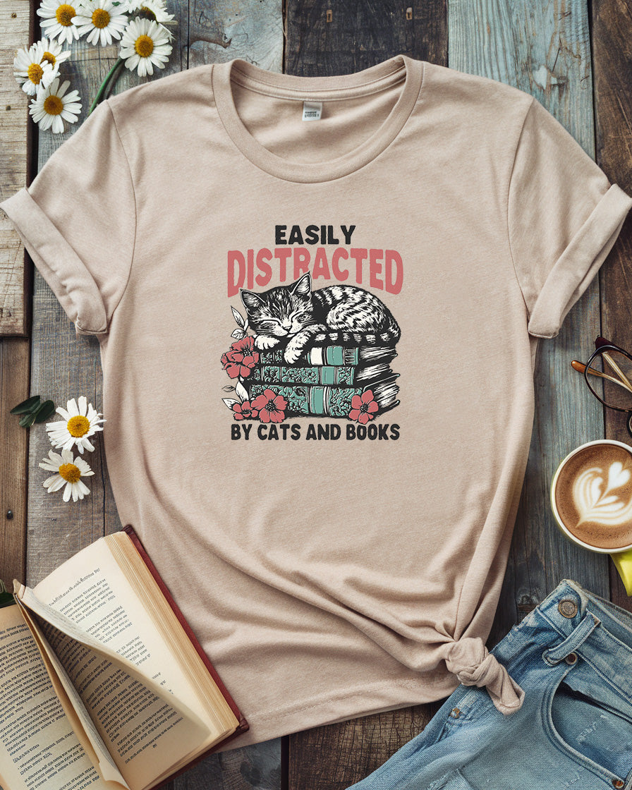 Easily Distracted by Cats and Books Tee