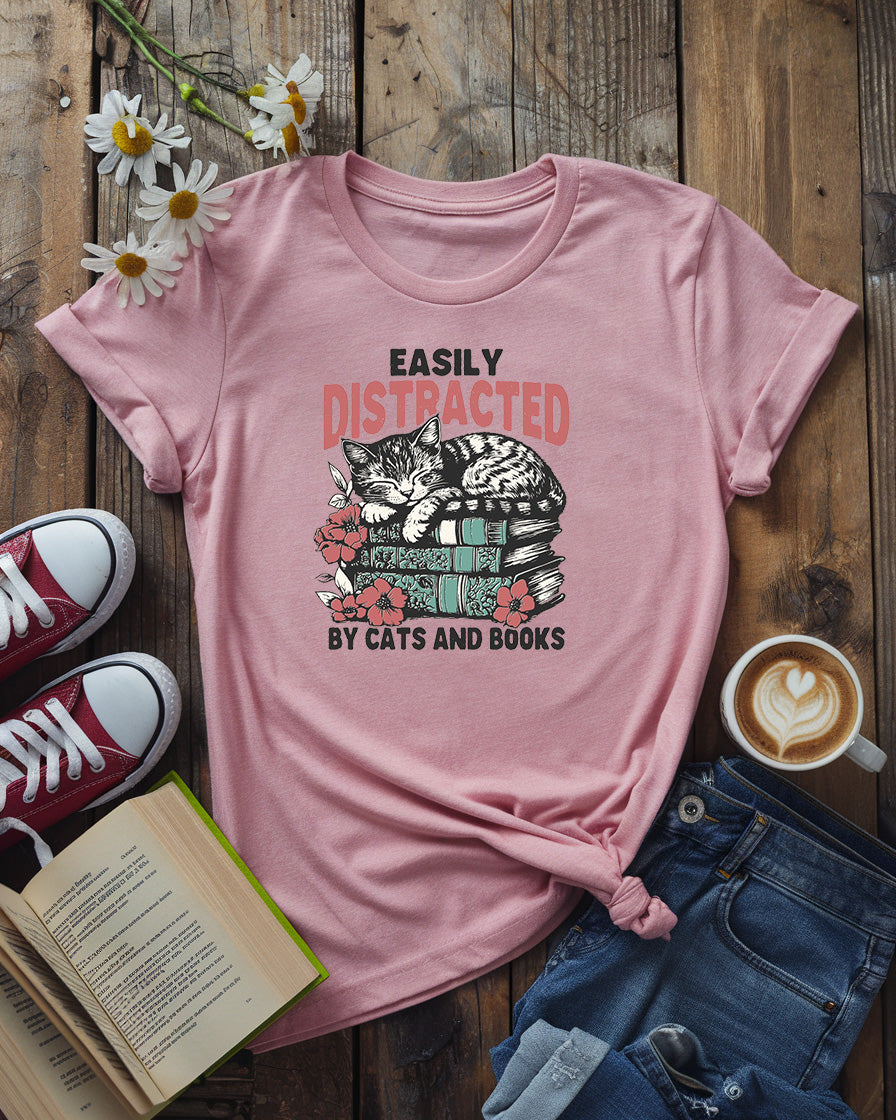 Easily Distracted by Cats and Books Tee