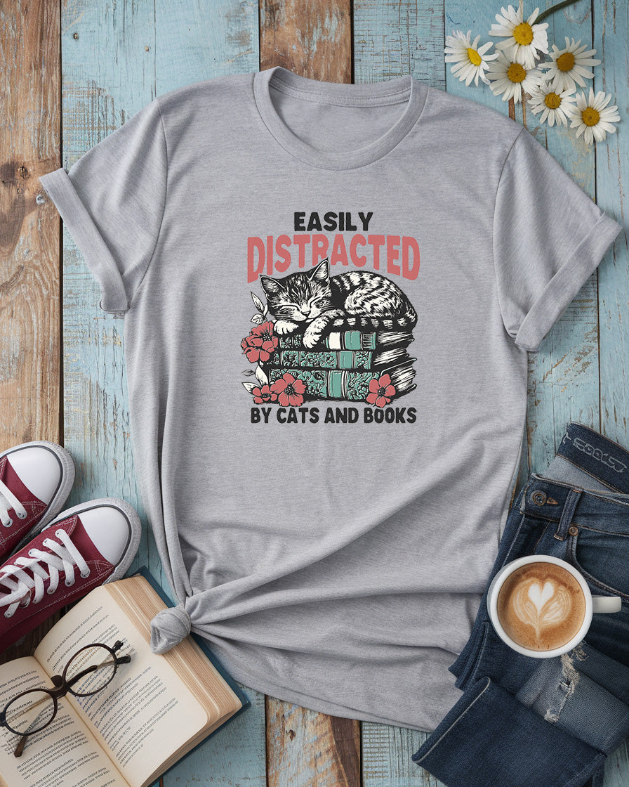 Easily Distracted by Cats and Books Tee