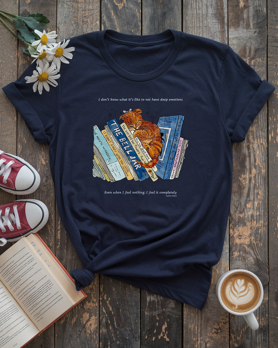 Deep Feelings Cat & Book Stack Tee