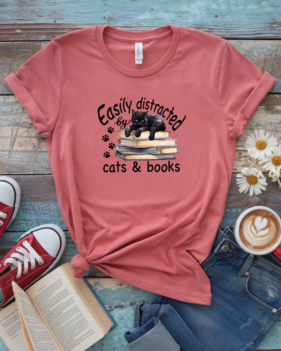 Easily Distracted by Cats & Books Tee