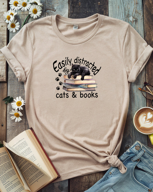 Easily Distracted by Cats & Books Tee