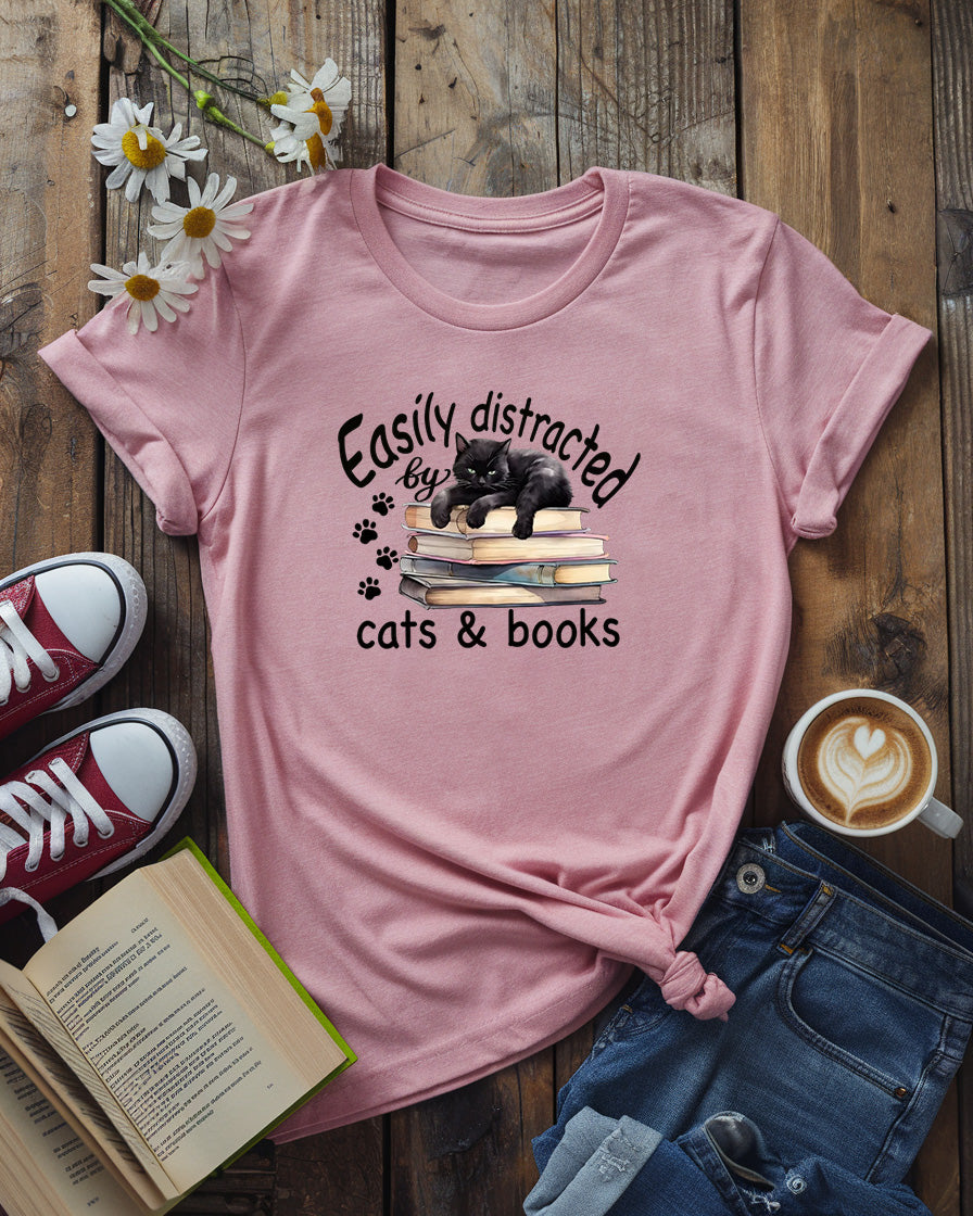 Easily Distracted by Cats & Books Tee