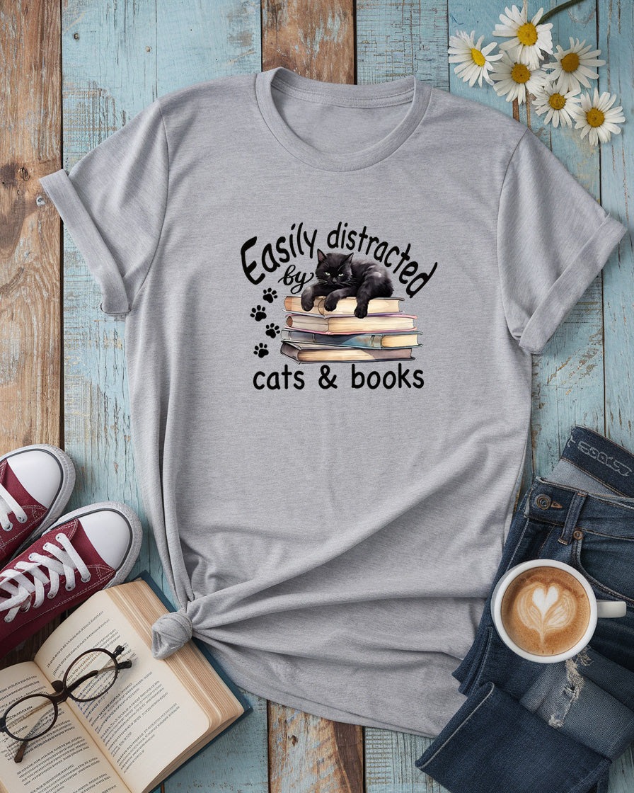 Easily Distracted by Cats & Books Tee