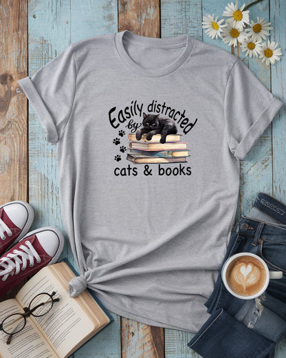 Easily Distracted by Cats & Books Tee