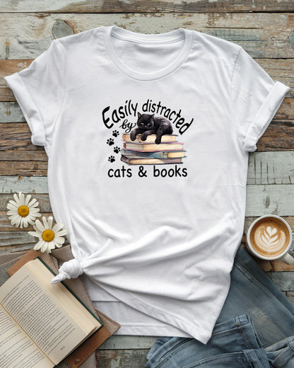 Easily Distracted by Cats & Books Tee