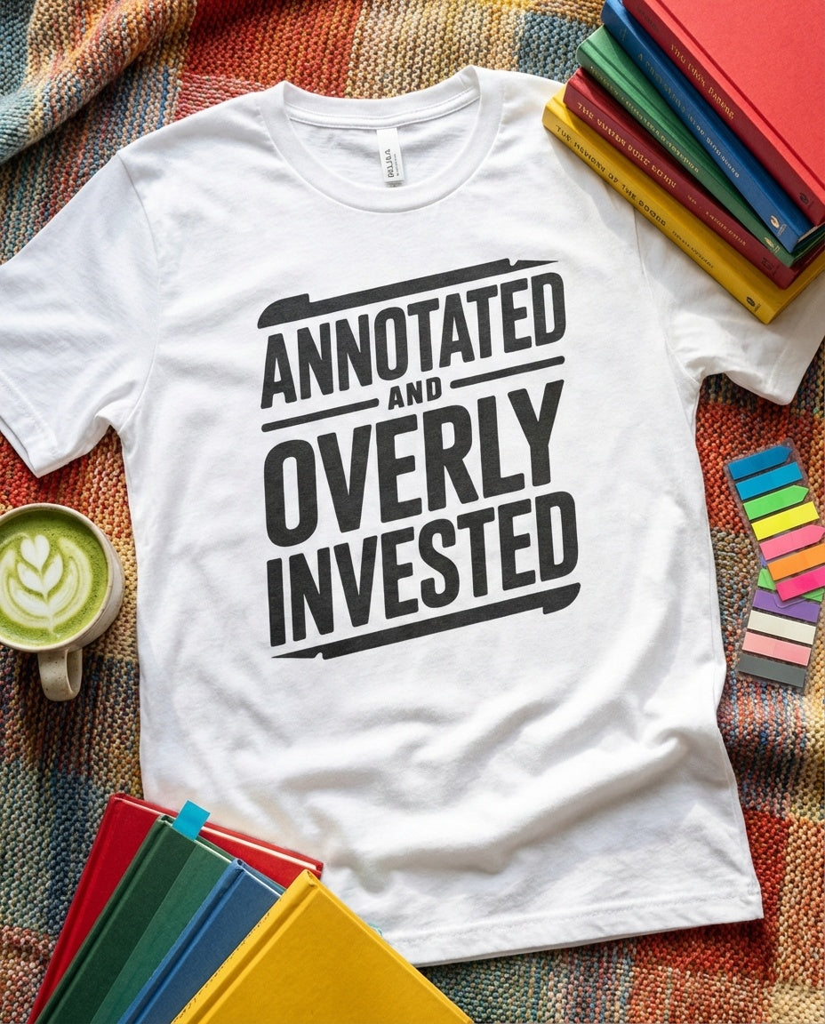 Annotated And Overly Invested t-shirt in Navy - BookTok book lover tee