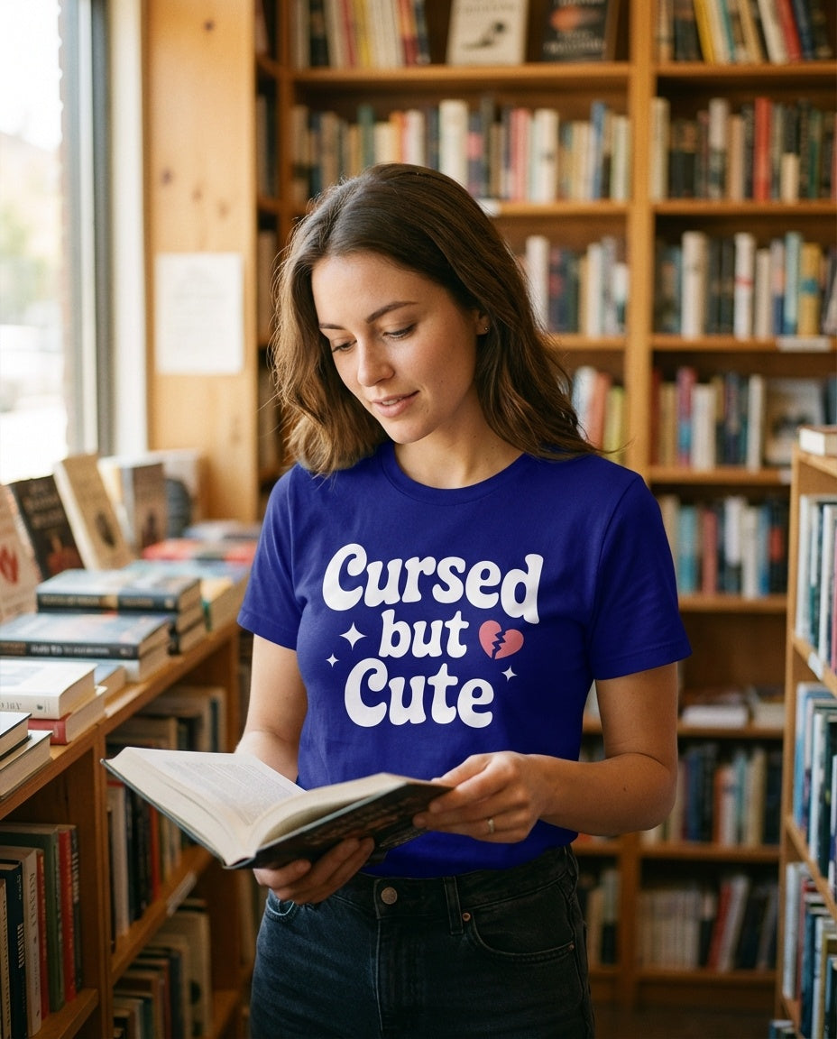 Romantasy book lover shirt worn at a library - Cursed But Cute BookAddictHub tee
