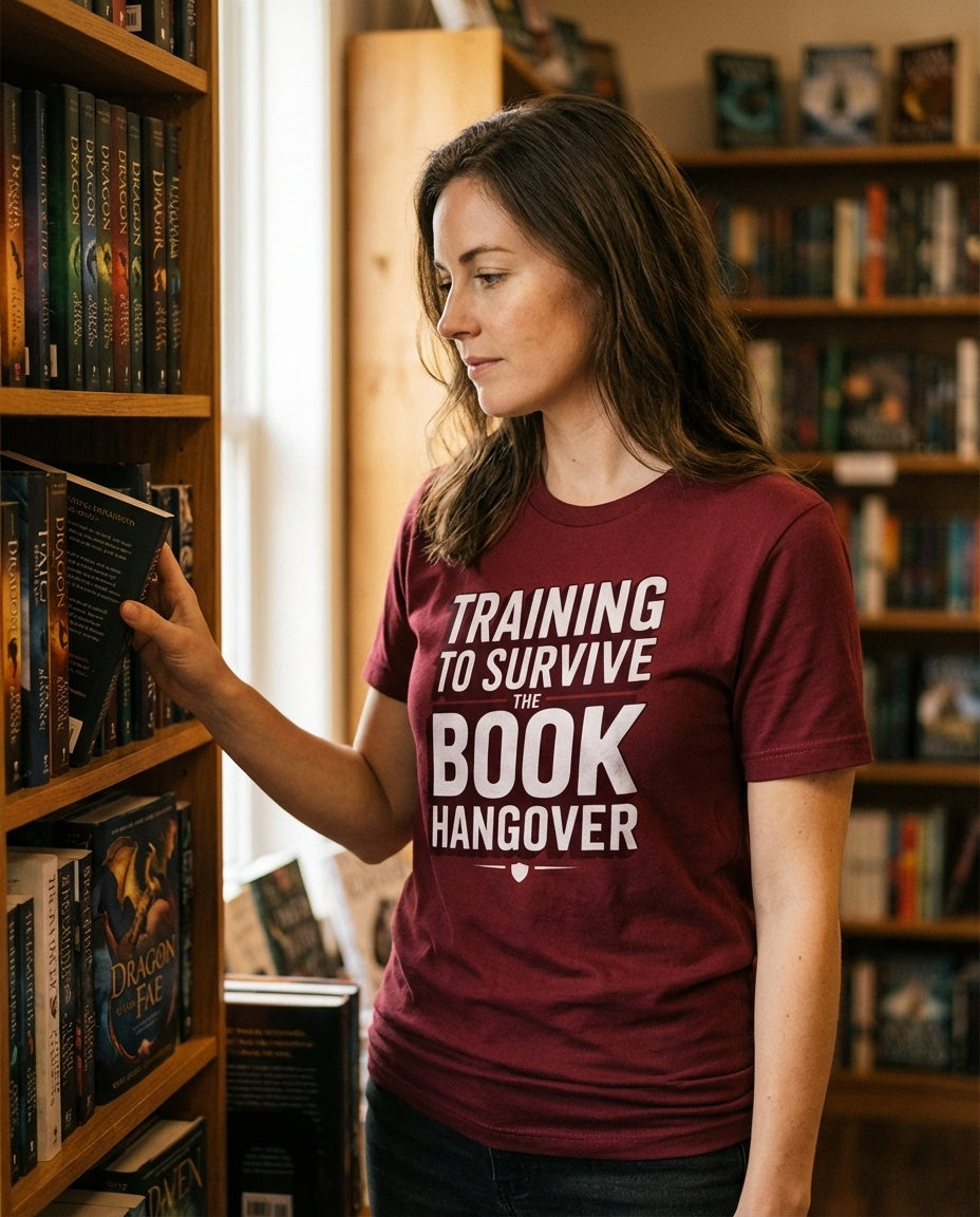 Romantasy book lover shirt worn during a cozy reread day with a stack of fantasy books
