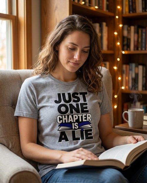 Person wearing BookTok reader tee while browsing a bookstore shelf