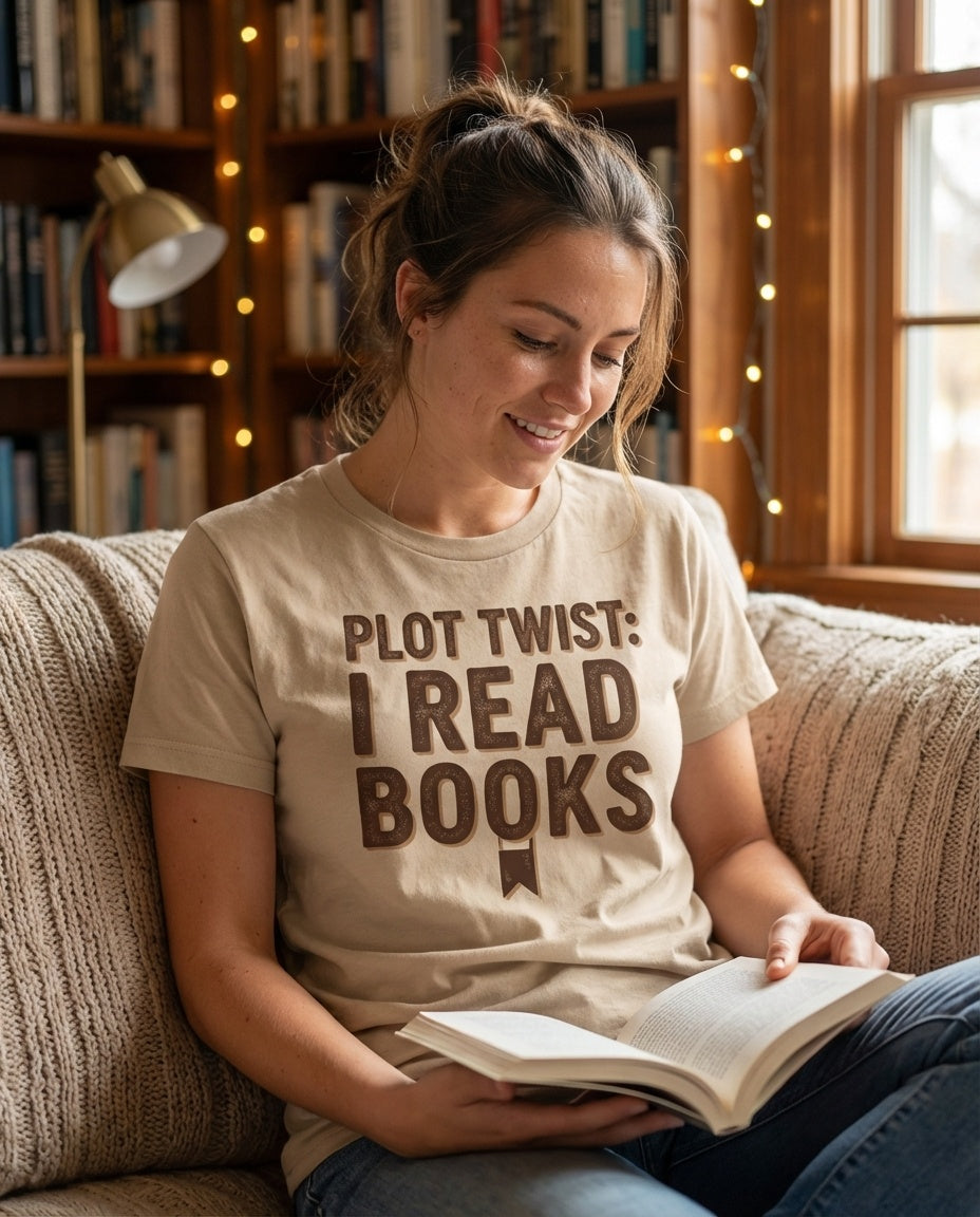 Person wearing Cozy Reading tee - lifestyle shot 1